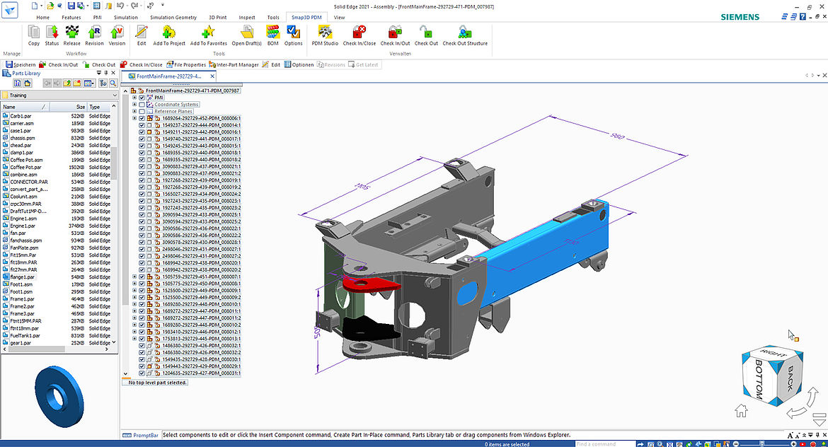 PDM Studio lässt sich direkt in die Bedienoberfläche der 3D CAD Software Solid Edge integrieren.