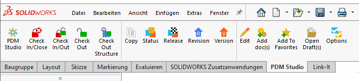 Screenshot of the PDM Studio toolbar in SOLIDWORKS CAD