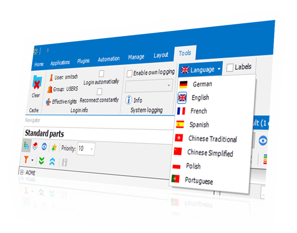 PDM Studio - Software available in German, English, Chinese, Polish, Spanish, French and Portuguise language